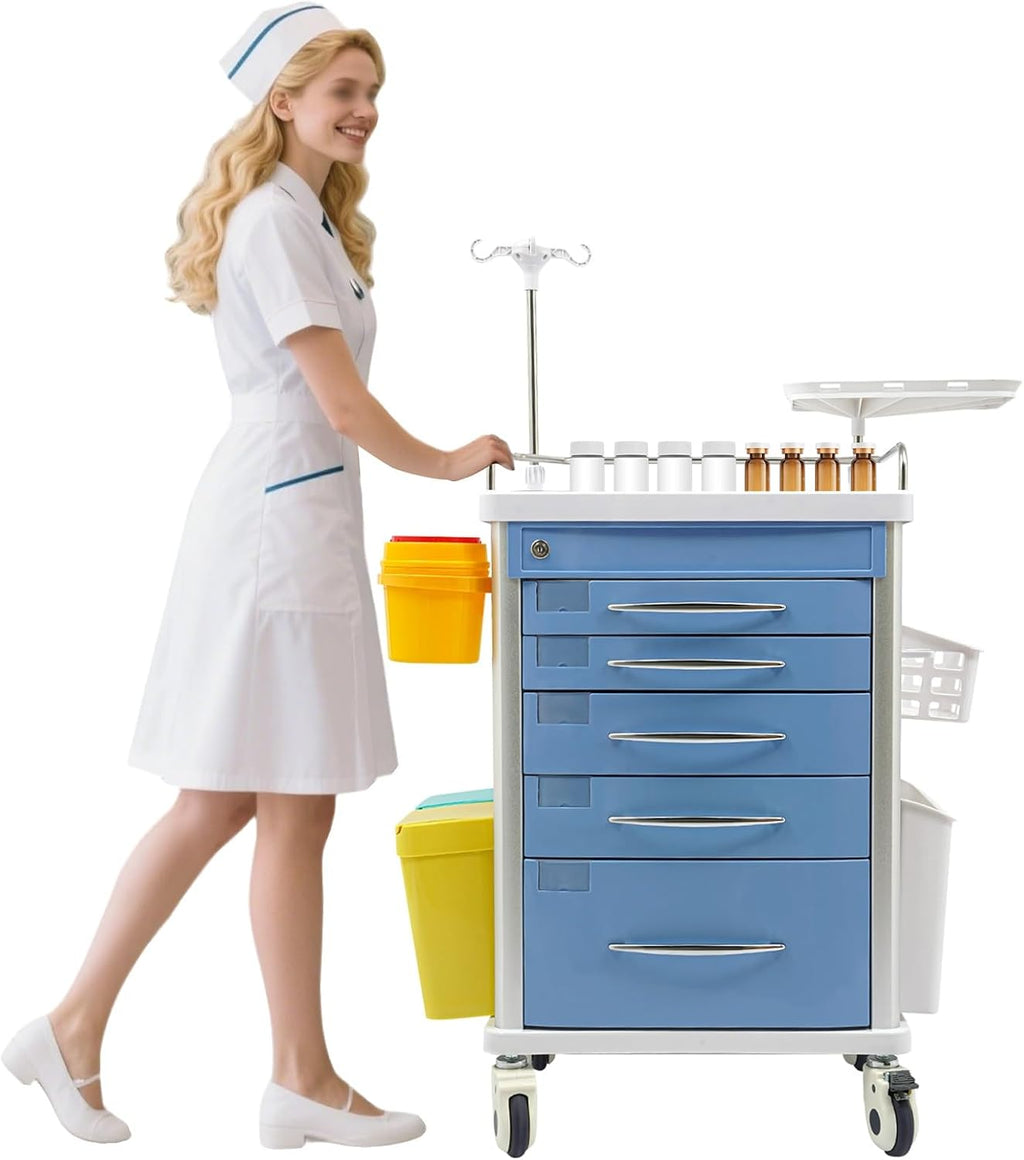 Medical Rolling Crash Cart, Medical Trolley 5 Drawers and Power Strip, Mobile Medical Cart for Clinic, Hospital, Nursing Center, Lockable Storage, Safety Retention Straps, Tag Slots (Blue)