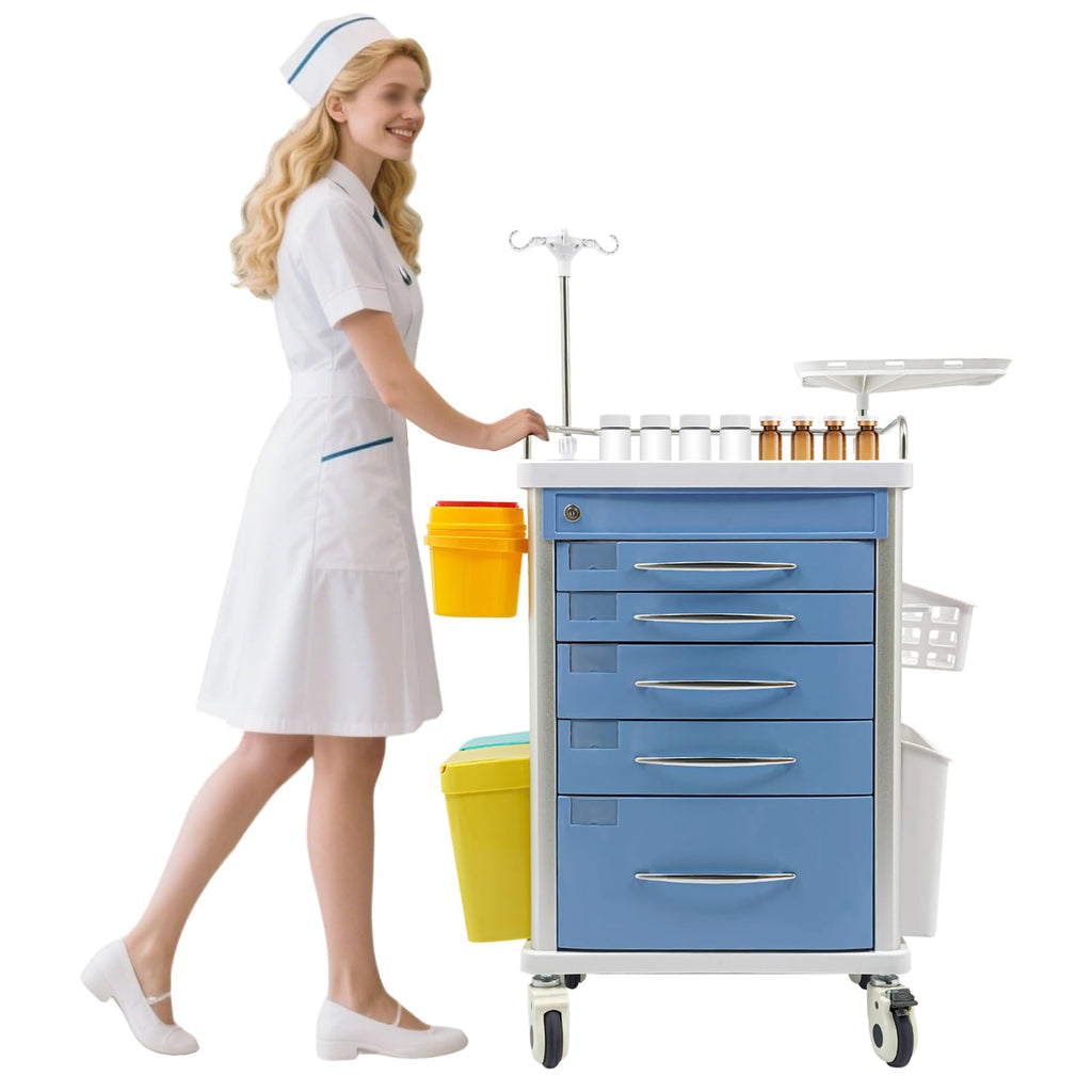 Medical Rolling Crash Cart, Medical Trolley 5 Drawers and Power Strip, Mobile Medical Cart for Clinic, Hospital, Nursing Center, Lockable Storage, Safety Retention Straps, Tag Slots (Blue)