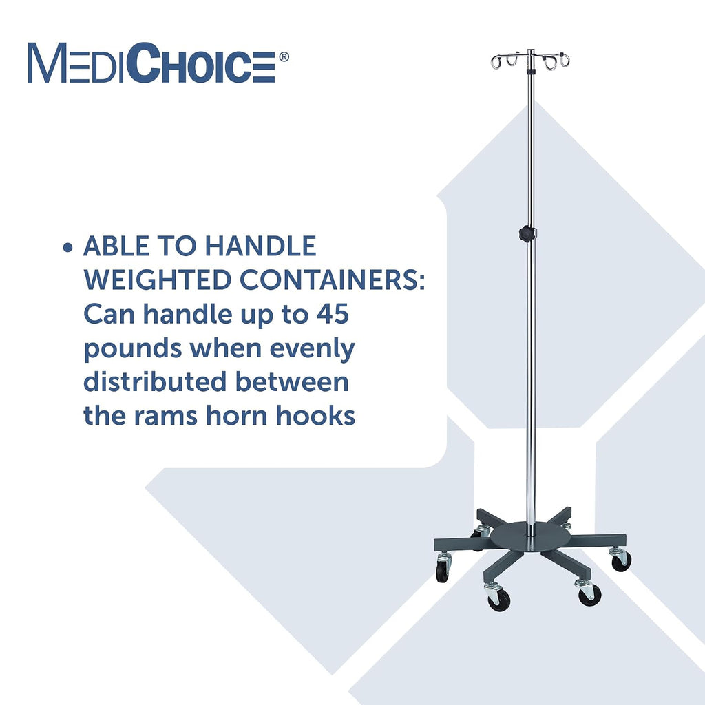 MediChoice Rolling IV Pole Rolling 4 Hook, 6-Leg Base, 45 lb Load, Adjustable 52-90 Inches, Chrome Plated Steel, 360Â° Casters, 1 Each