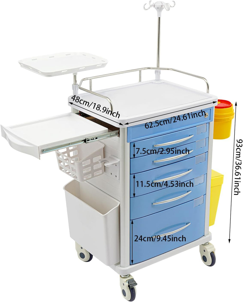 Medical Rolling Crash Cart, Medical Trolley 5 Drawers and Power Strip, Mobile Medical Cart for Clinic, Hospital, Nursing Center, Lockable Storage, Safety Retention Straps, Tag Slots (Blue)