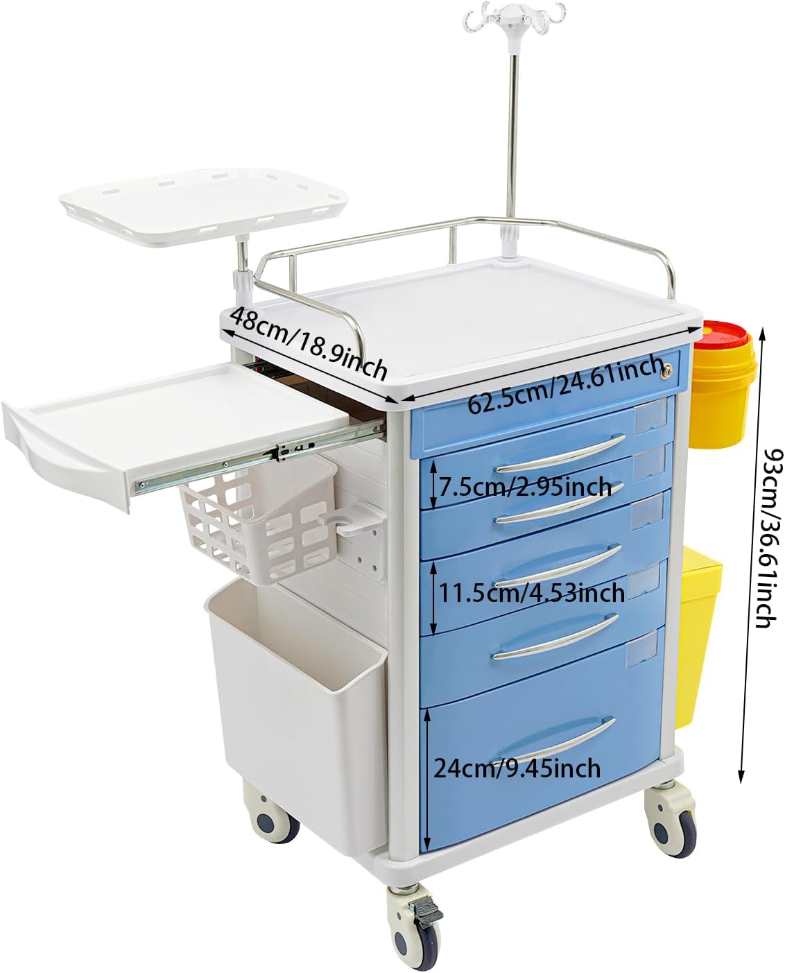 Medical Rolling Crash Cart, Medical Trolley 5 Drawers and Power Strip, Mobile Medical Cart for Clinic, Hospital, Nursing Center, Lockable Storage, Safety Retention Straps, Tag Slots (Blue)