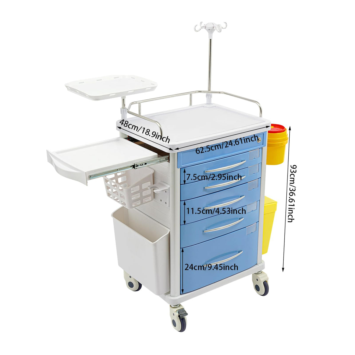 Medical Rolling Crash Cart, Medical Trolley 5 Drawers and Power Strip, Mobile Medical Cart for Clinic, Hospital, Nursing Center, Lockable Storage, Safety Retention Straps, Tag Slots (Blue)