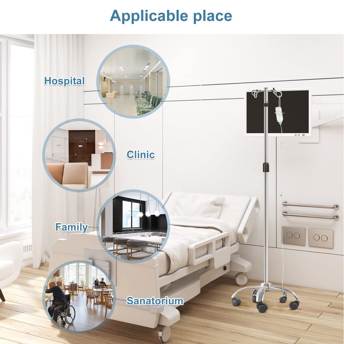 IV Poles with Wheels IV Stands 2 Hooks 5 Legs Rolling Base with Heavy Duty Stainless Steel, Adjustable Height,2PCS/2Pack
