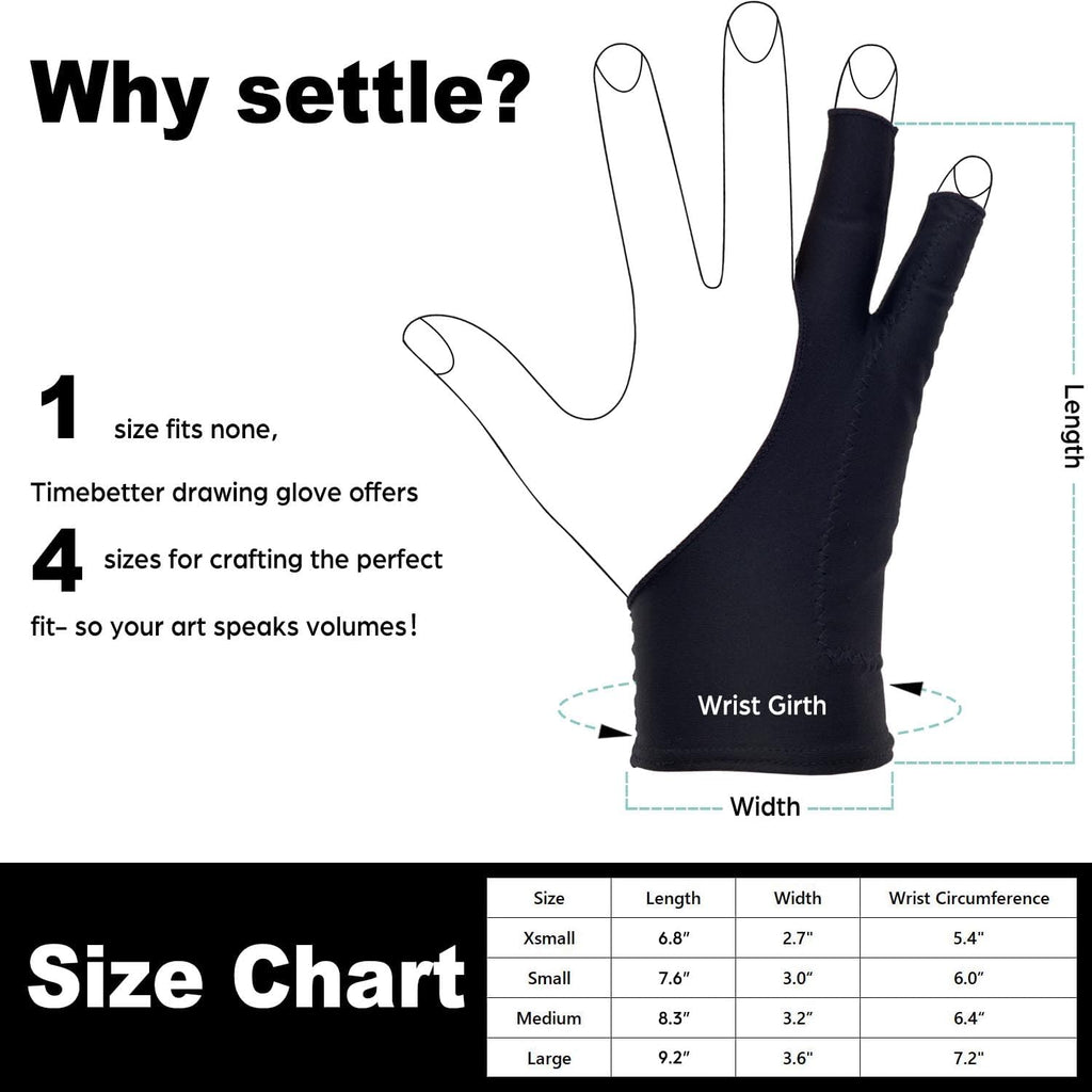 Drawing Glove, Artist Glove for Drawing Tablet, iPad, Digital Art Creation - Palm Rejection, Exposed Fingertip, Suitable for Left and Right Hand - M, Pack of 2