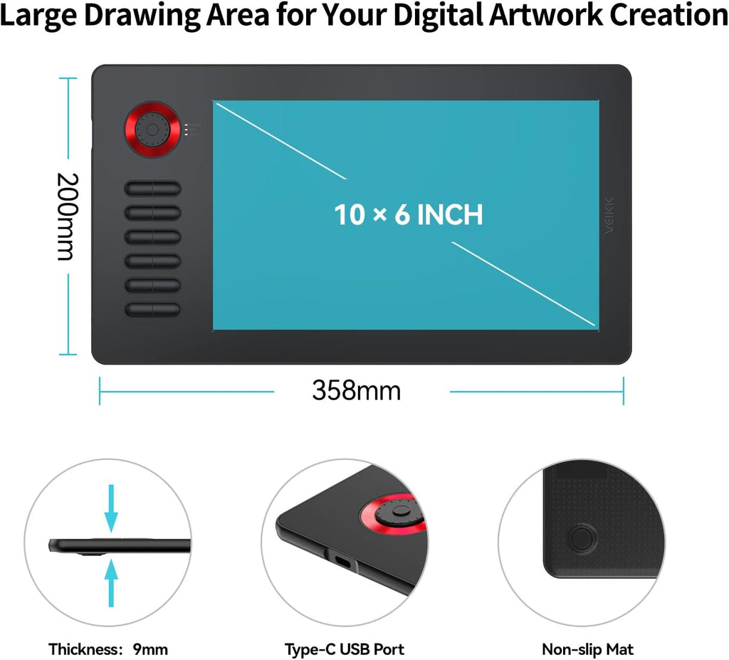 Digital Drawing Tablet VEIKK A15Pro Graphics Pen Tablet 10 x 6 Inch Graphics Tablet with 12 Shortcut Keys and 1 Quick Dial,Supports Tilt Function,for MAC/Win/Linux/Android OS (RED)