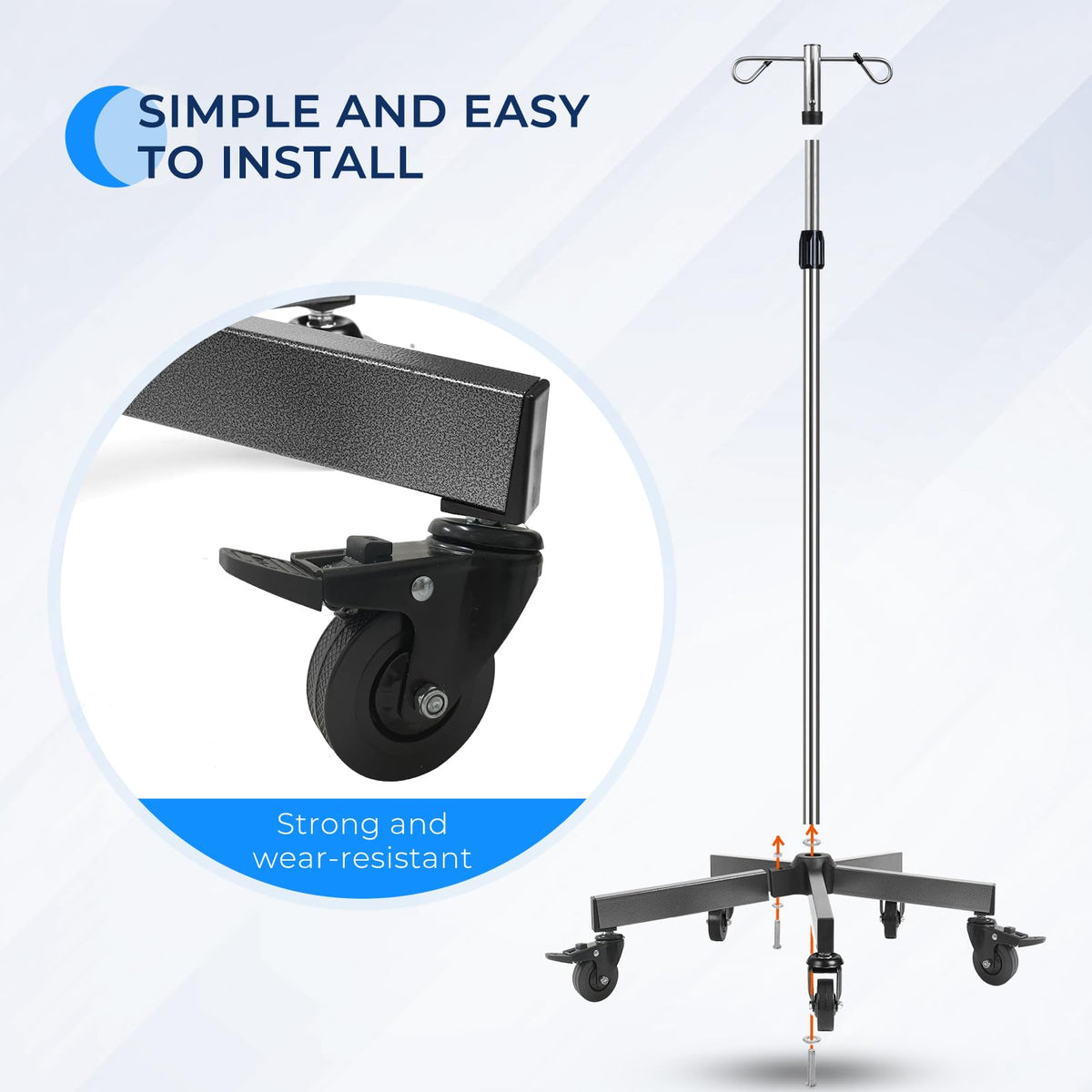 IV Poles with Wheels IV Stands 2 Hooks 5 Legs Rolling Base with Heavy Duty Stainless Steel, Adjustable Height,2PCS/2Pack