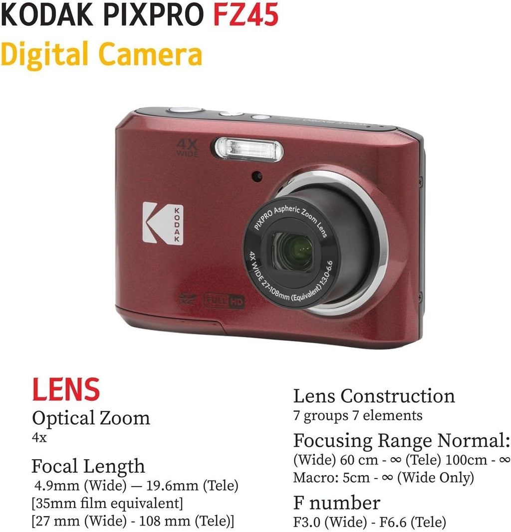 KODAK PIXPRO FZ45 16MP Digital Camera with 4X Optical Zoom 27mm Wide Angle and 2.7" LCD Screen Bundle with 32GB SD Memory Card, AA Batteries (4 Pack), Lens Cleaning Cloth (Red)