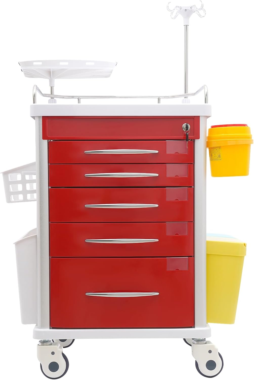 Medical Rolling Crash Cart with Accessories-CPR Board, 2 Trash Bin, Power Strip, Drawers with Dividers, Mobile Medical Cart for Clinic, Hospital, Nursing Center, Salon, 29.53 * 18.7 * 37.4in (Red)