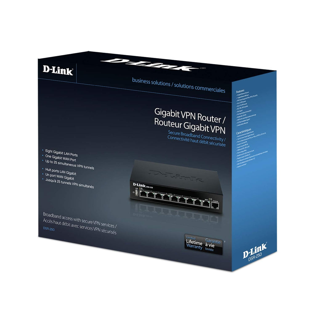 D-Link Gigabit VPN Router âPerfect for Remote and Hybrid Work â4 Port Gigabit Dual WAN Failover âEnterprise-Grade Encryption âFollows TAA/NDAAâLimited Lifetime Protection (DSR-250V2)