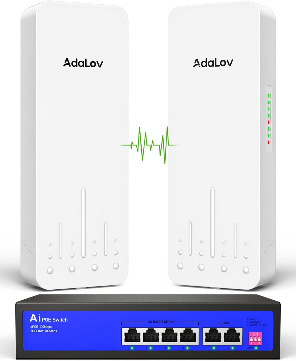 AdaLov 1.9-Mile 300Mbps 5.8GHz Outdoor Wireless Bridge Kit with PoE Switch
