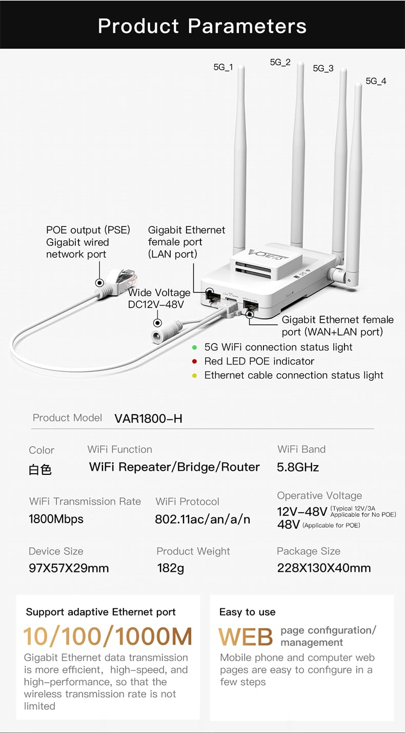 VONETS VAR1200 Industrial Gigabit Dual Band WiFi Bridge/Router 1200Mbps WiFi to Ethernet Adapter with Intelligent Fan, 3 Gigabit Port, POE, DC/USB Powered for Industrial Network Medical Device