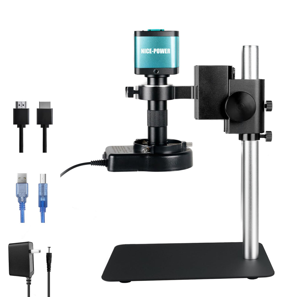 NICE-POWER Digital Microscope with Metal Base, 13MP 1080P HDMI VGA Industrial Microscope Magnifier, 130X Zoom C-Mount HD Lens, LED Ring Light, Soldering Electronic Repair Bench Microscopes