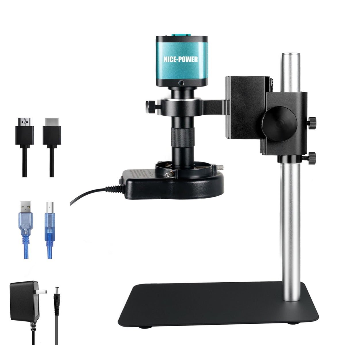 NICE-POWER Digital Microscope with Metal Base, 13MP 1080P HDMI VGA Industrial Microscope Magnifier, 130X Zoom C-Mount HD Lens, LED Ring Light, Soldering Electronic Repair Bench Microscopes
