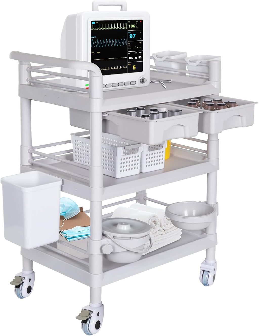 Mobile Medical Cart 3-Tier Professional Utility Cart 330 LBS Max Load
