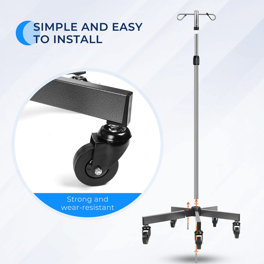 IV Poles with Wheels IV Stands 2 Hooks 5 Legs Rolling Base with Heavy Duty Stainless Steel, Adjustable Height,2PCS/2Pack