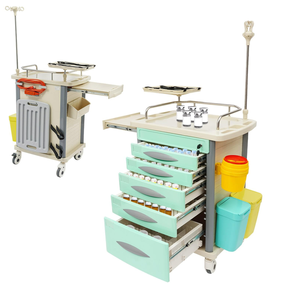 Medical Rolling Crash Cart, Medical Trolley 5 Drawers and Power Strip, Mobile Medical Cart for Clinic, Hospital, Nursing Center, Lockable Storage, Safety Retention Straps, Tag Slots (Blue)