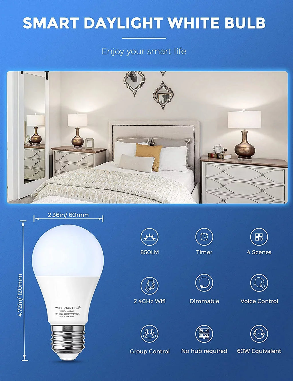 LED 5000K, Dimmable, 9W 60W, A19 Smart Home Bulb Pack Daylight Bulb YANSUN Work with Alexa, Siri,WiFi 850LM,4 Light &