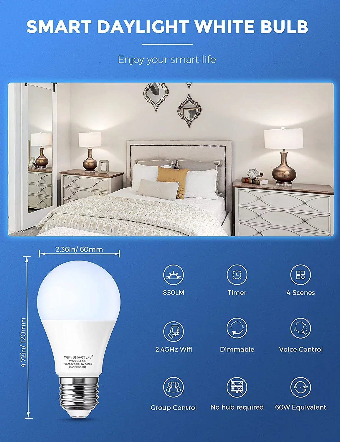 LED 5000K, Dimmable, 9W 60W, A19 Smart Home Bulb Pack Daylight Bulb YANSUN Work with Alexa, Siri,WiFi 850LM,4 Light &