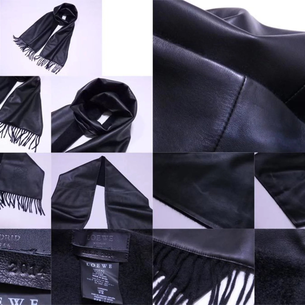 Second-Hand Loewe Loewe Shawl Stole Scarf Anagram Black Leather X Cashmere Ladies (Good)