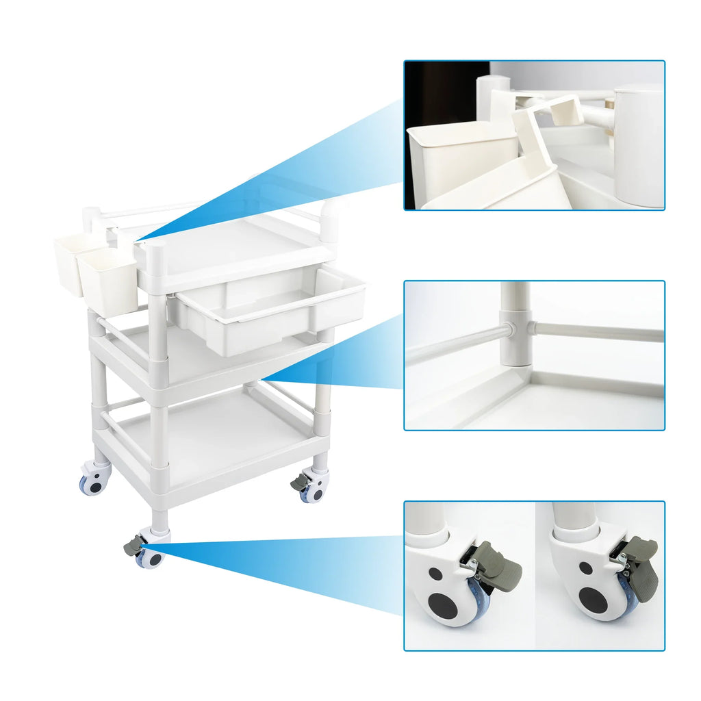 with Trolley Tier Cart Utility Spacious Mobile 360°Rotate Beauty Trolley Heavy Medical Medical Dirt Clinic Drawers 3 for Dental Salon Buckets Wheels Rolling 500 Lbs Cart Duty Hospital