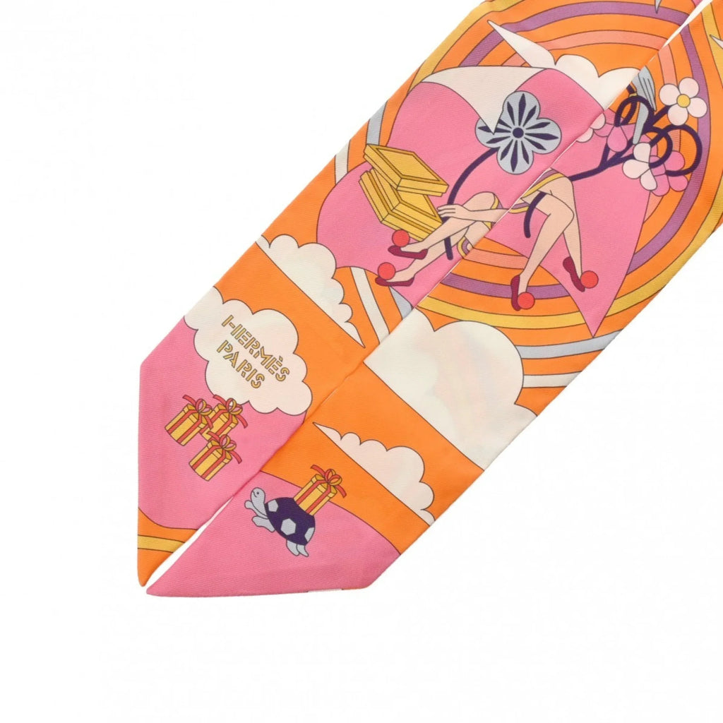 Silk Volants Muffler - (Like Scarf New) Orange/Rose/Mauve HERMES 100% Pre-Owned Women's Twilly Carres