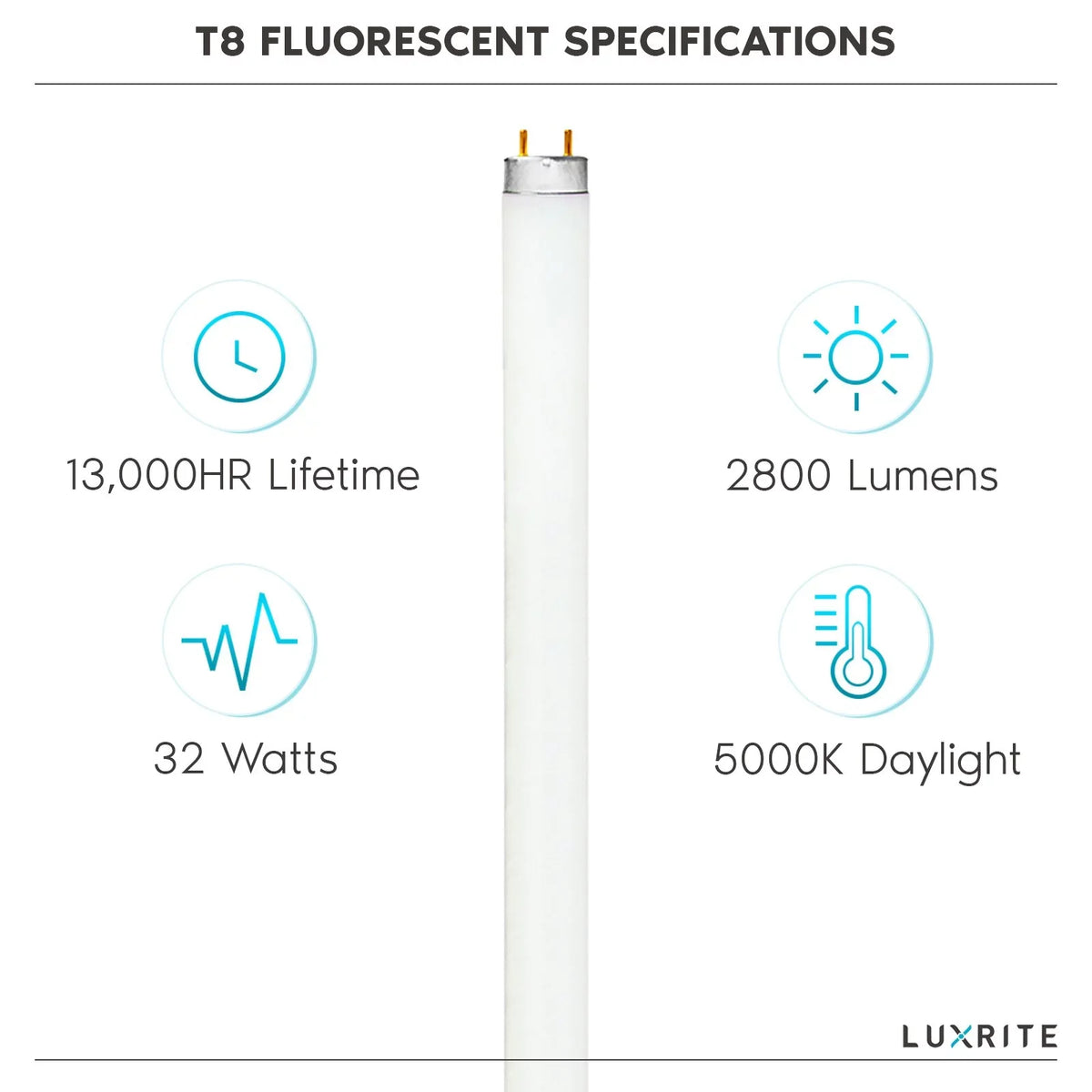 Luxrite F32T8/850 32W 48 Inch T8 Fluorescent Tube Lamp Bulb, 5000K Bright White, 2800 Lumens, G13 Medium Bi-Pin Base, Lr20734, 12-Pack