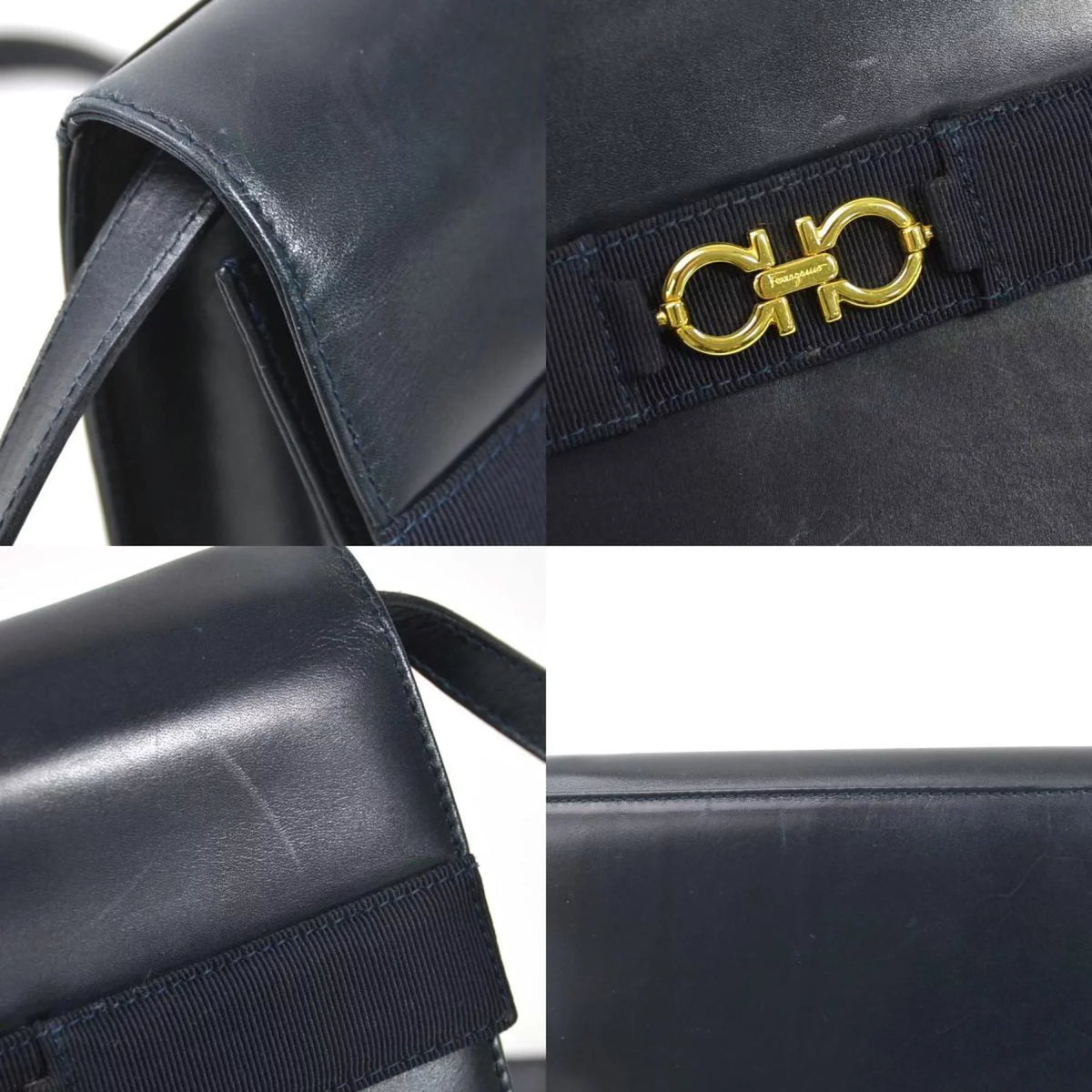 Gancini Bag Leather Navy Pre-Owned Salvatore Shoulder Ferragamo (Good) Gold Ladies