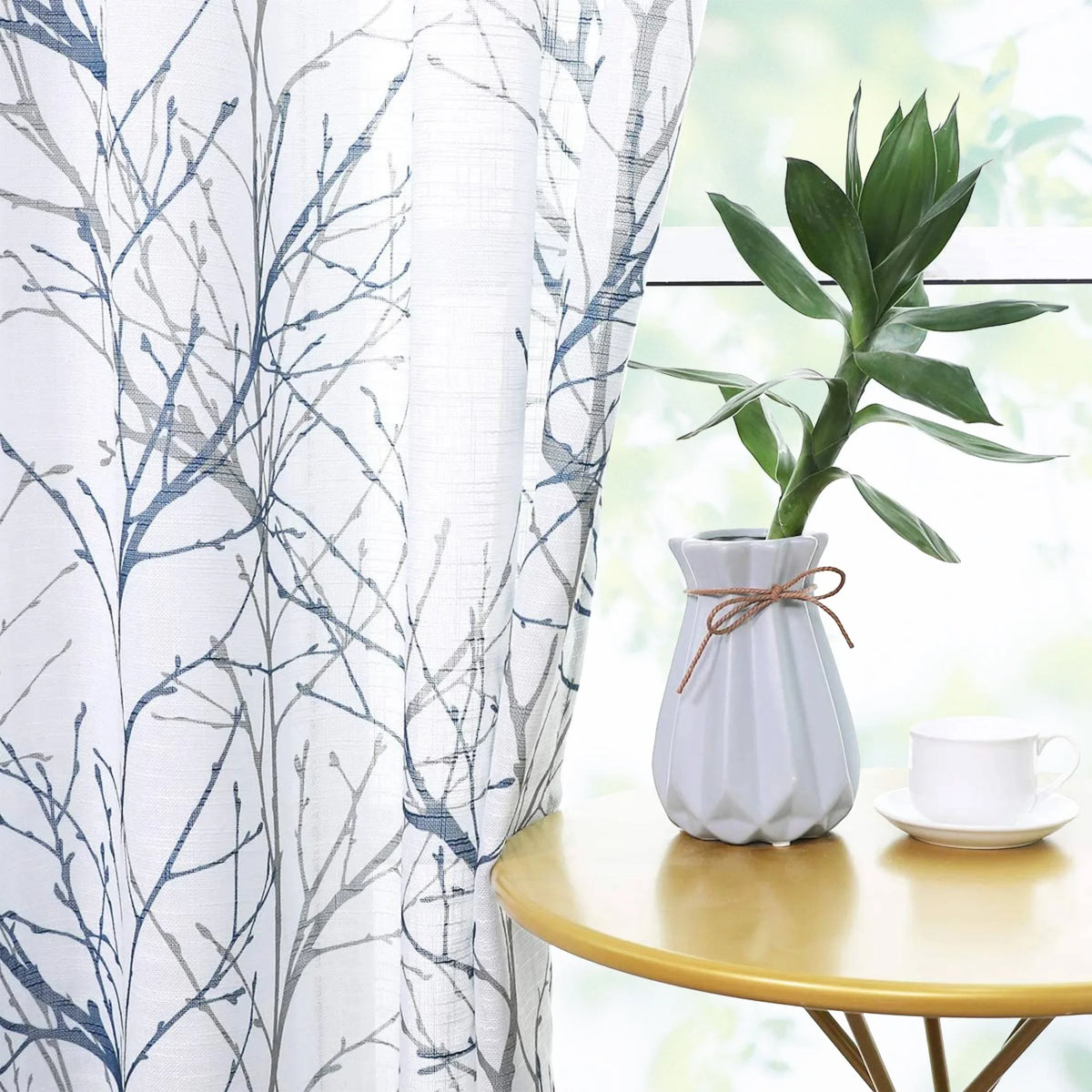 Curtain Textured Sheer Branches Linen Bedroom, Semi Blue for Grommet, Tree 52"x84"x2 Living White Curtain Print Sheer for Decoultimatex Panels Room Window Set Drapes Gray