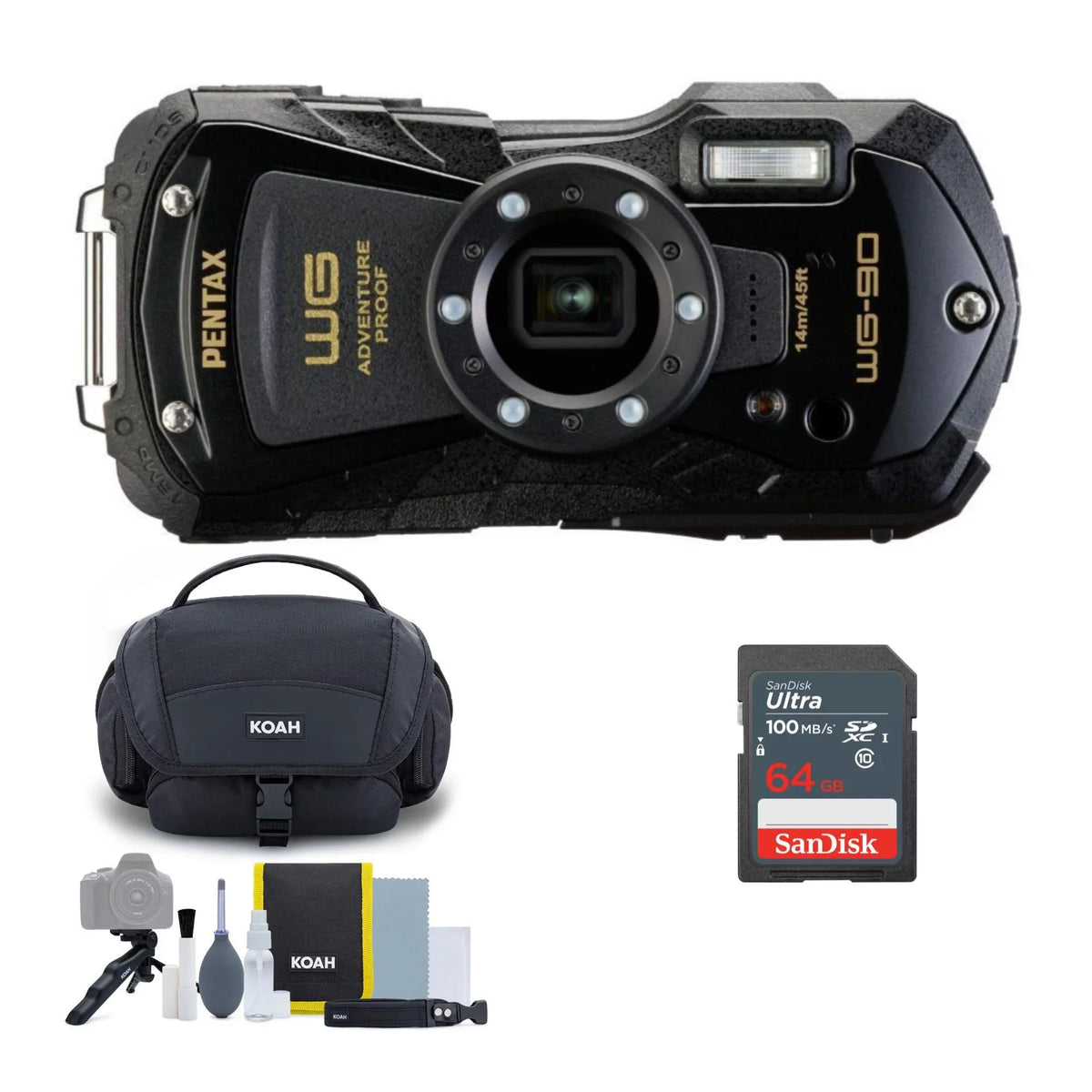 64GB WG-90 Kit Cleaning Camera Compact (Black) Card Memory Bag Accessory and PENTAX with