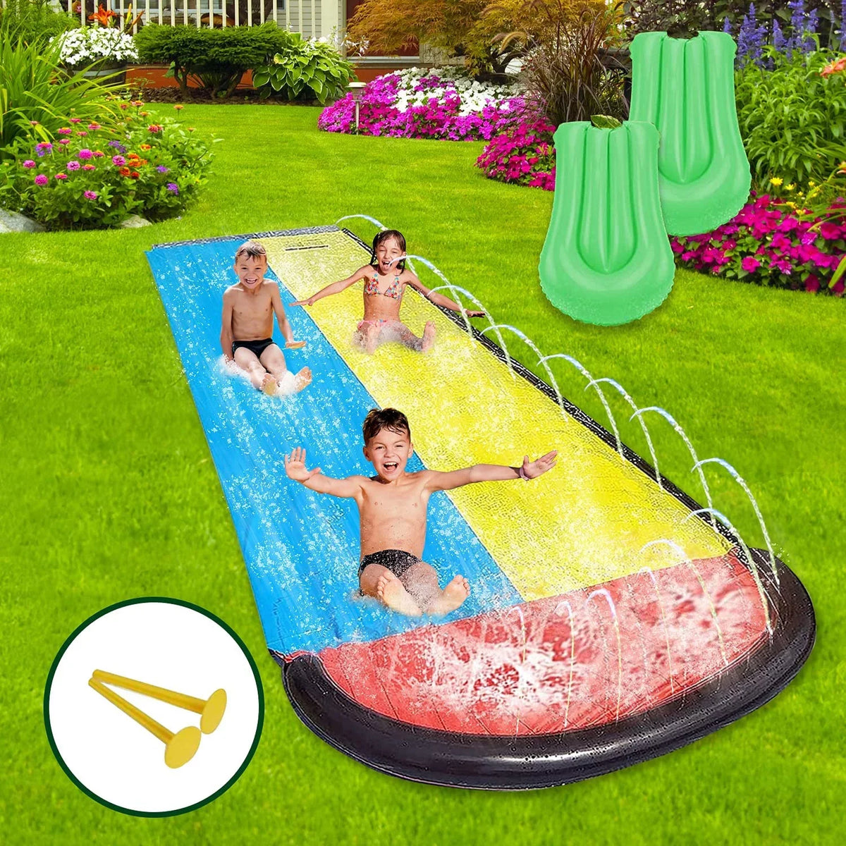 Children liquid 15.5ft Game Double Backyard Race Slides for Sprinkler Sancty