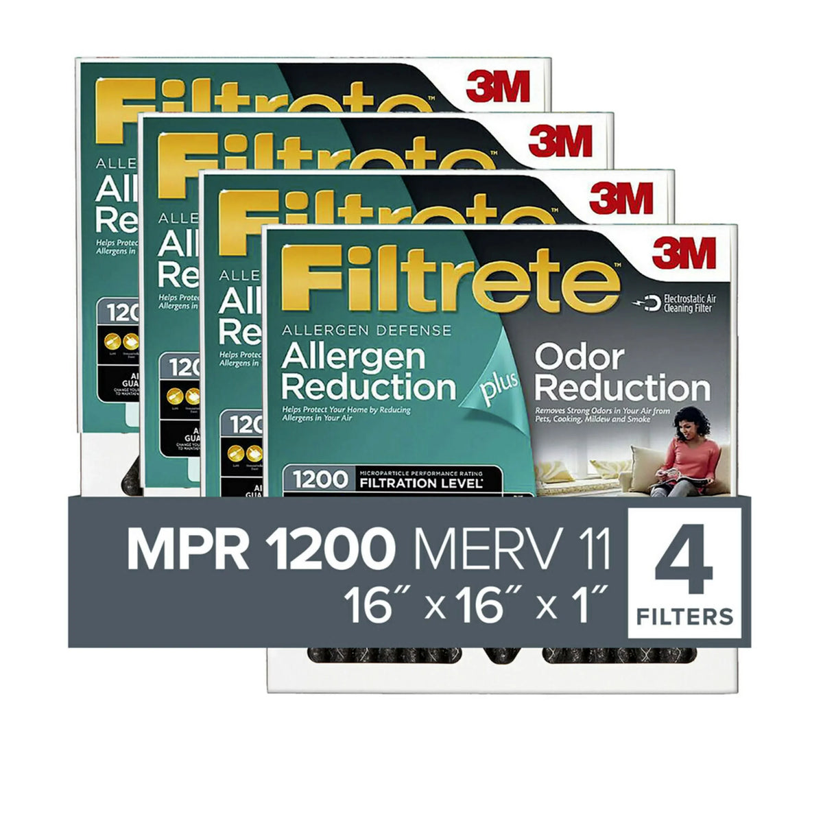 Filtrete 16X16X1 Air Filter, Mpr 1200 Merv 11, Allergen Plus Odor Reduction, 4 Filters