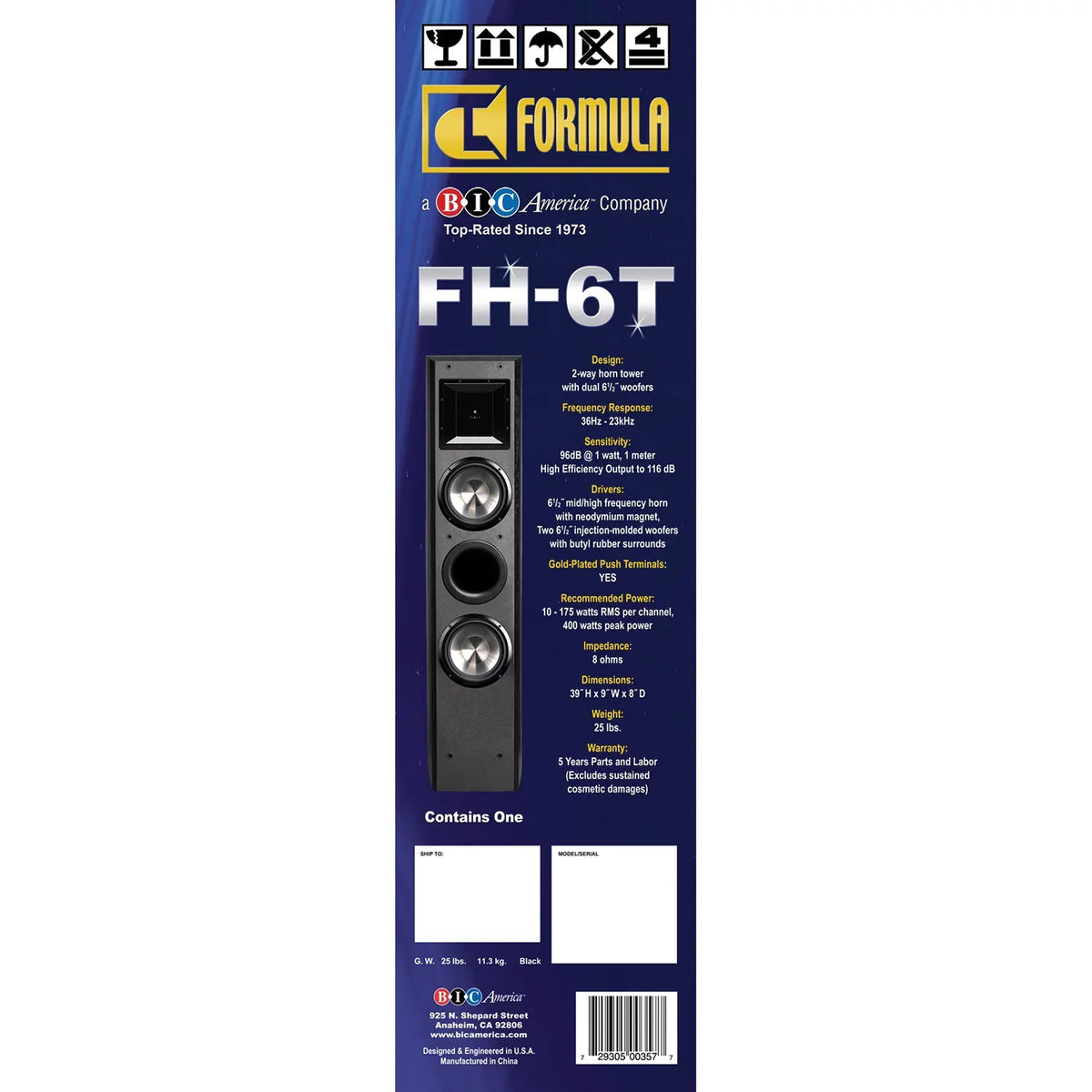 2-way Slim Fh-6t Speaker Fh-6t America 400-watt 6-1/2-inch Dual Tower Formula Bic Series