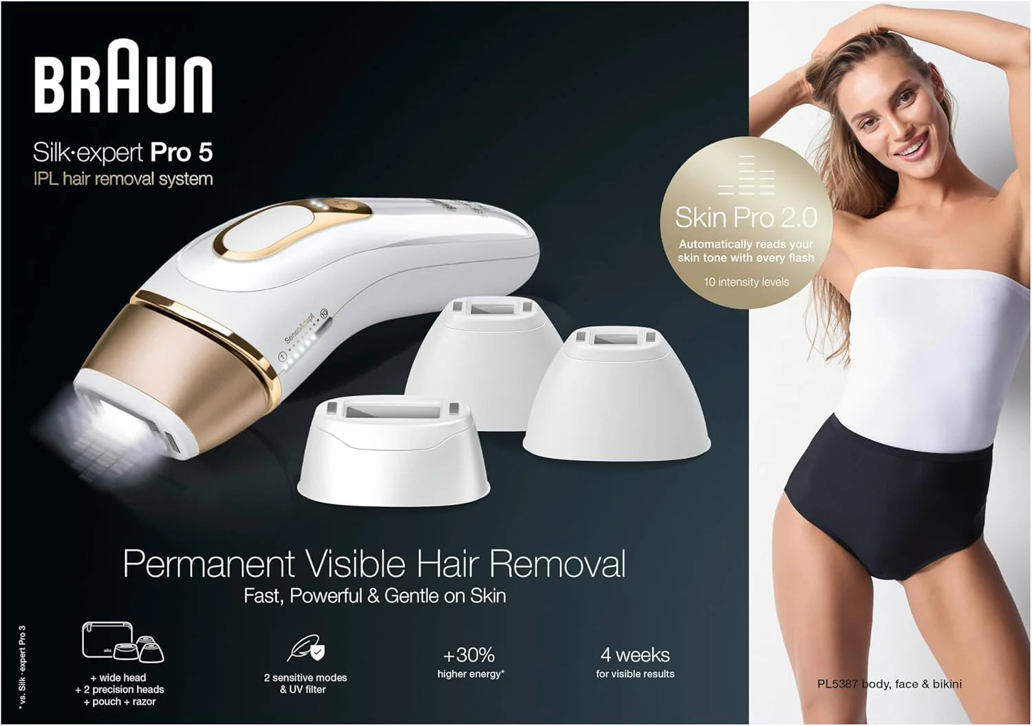 Braun Ipl Silk Expert Pro 5, Do Usuwania Włosów W Domu, Alternatywa Dla Laserowego Usuwania Włosów, Zawiera Woreczek, Szeroką Głowę, 2 Precyzyjne Głow