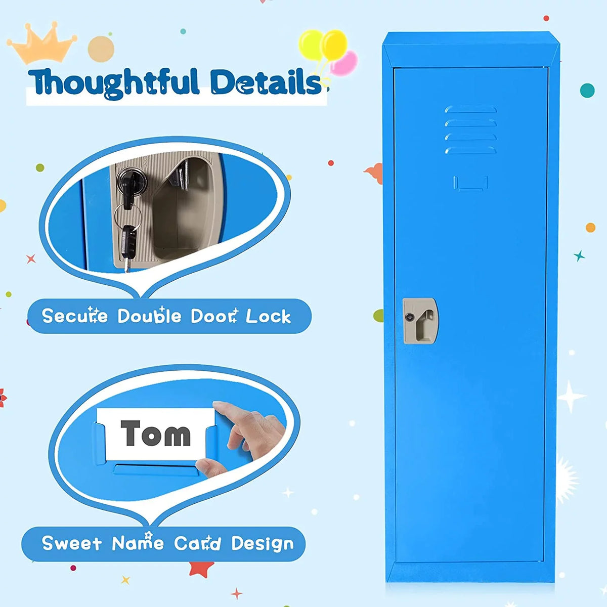 48" Kids Locker Cabinet, Daycare Metal Coat Locker W/Hanging Rod & Shelf For Kids Room Bedroom School Classroom, 2-Tier Storage Locker W/ 2 Keys For Toys, Clothes, Sports Gear
