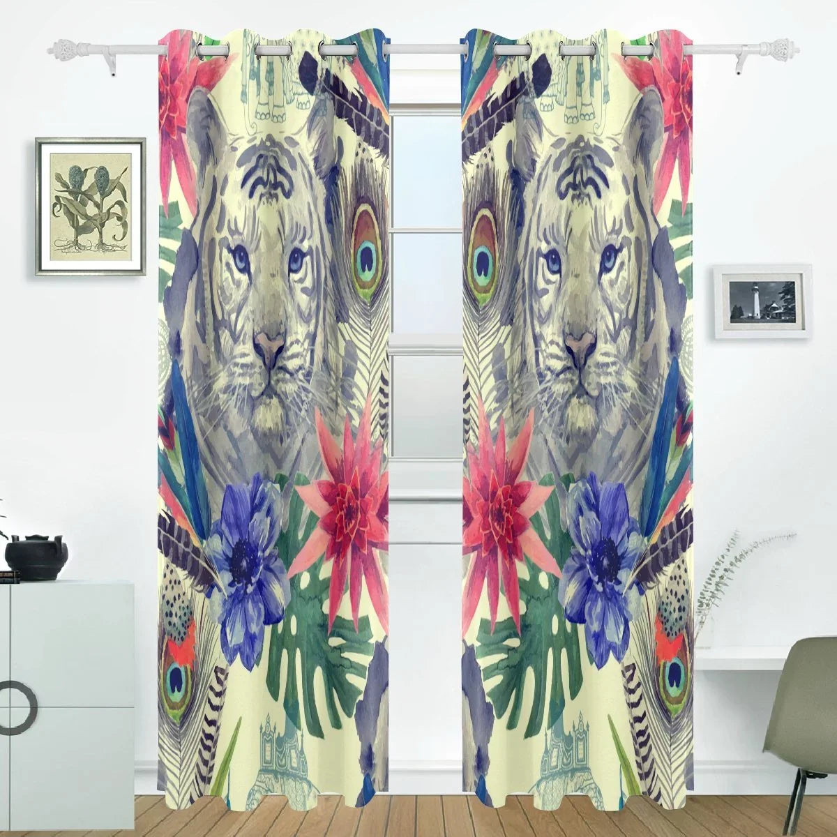 Window Head Thermal Vintage With Panel POPCreation Curtains Inches) Curtain Blackout Feather Bedroom for Curtain Tiger Living Darkening Pattern Blind (52Wx84L Indian design Room,2