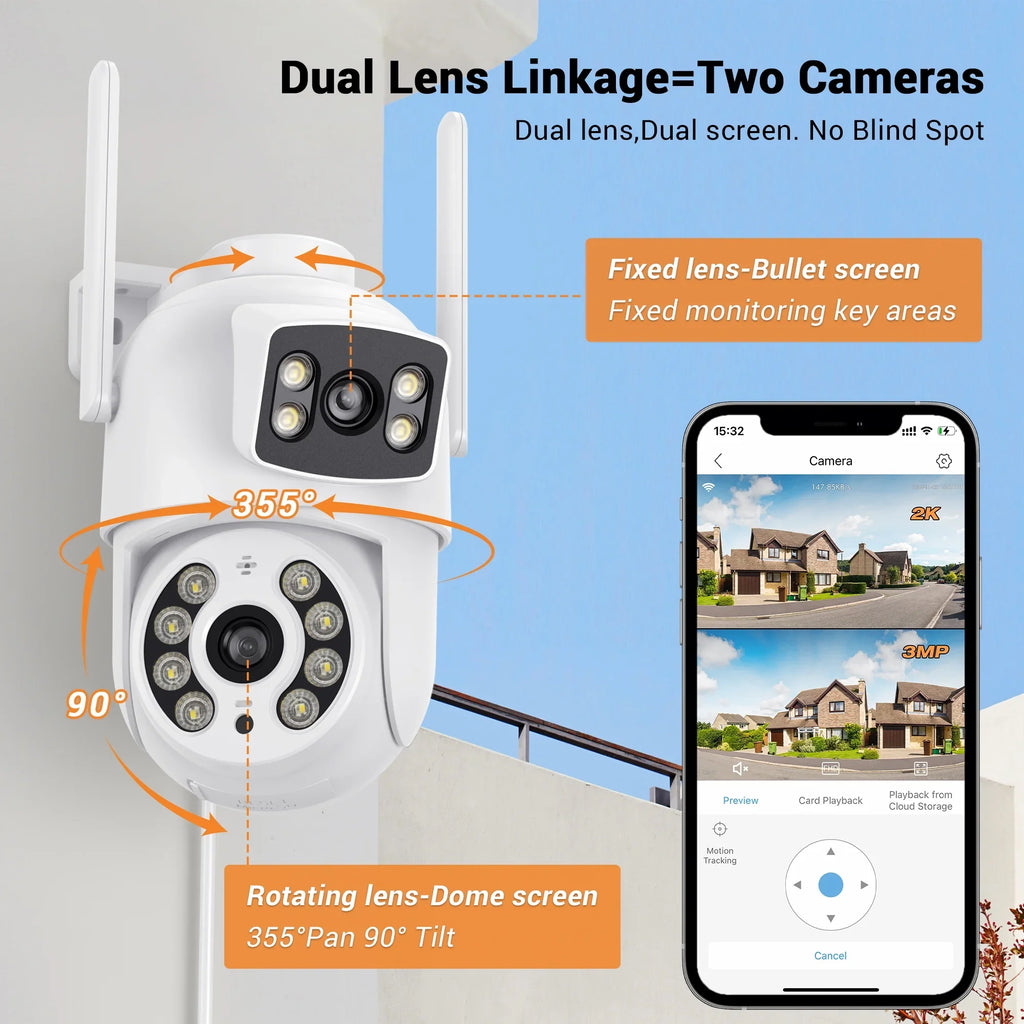 Lens Audio Linkage, TOPVISION 50M Lens Color Smart Camera Night Human IP66 6MP exterior Dual Camera PTZ Dual 2.4GHz Tracking Security exterior, Waterproof Detection, WiFi Two-Way with Vision Auto