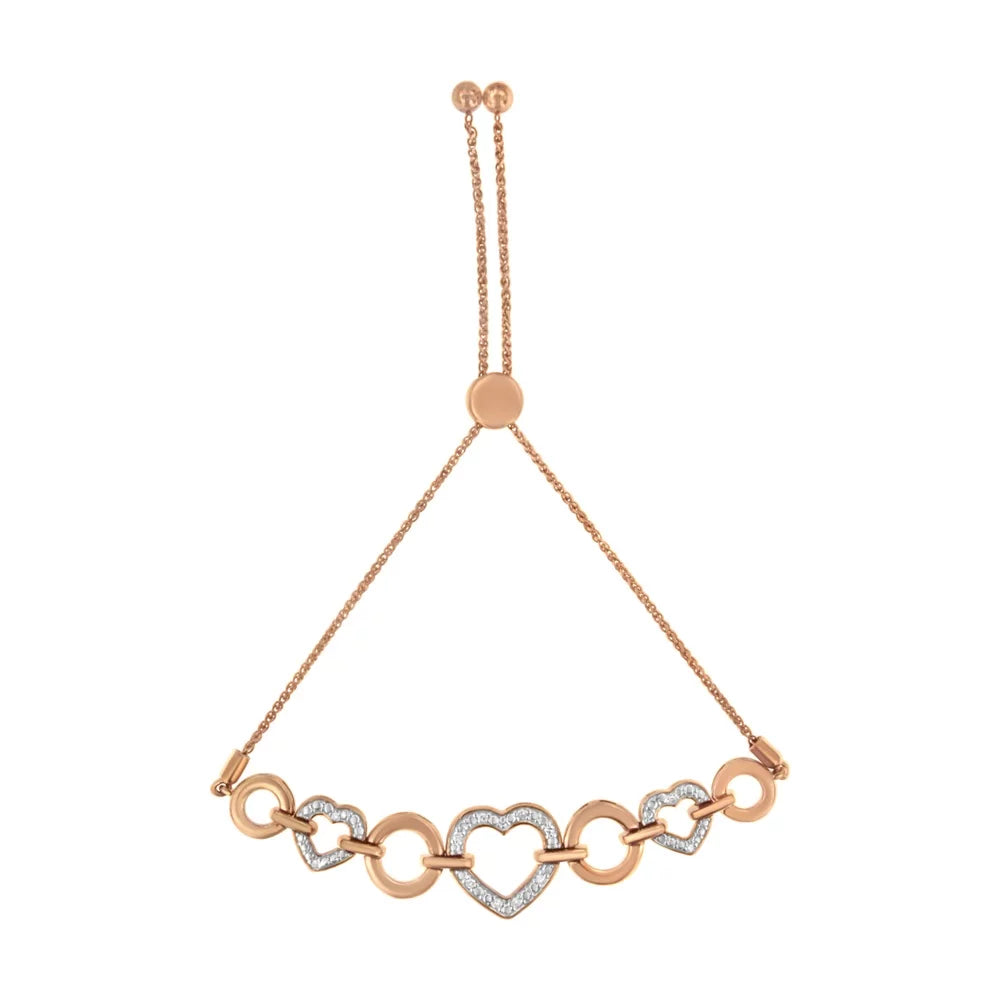 14K Rose Gold Plated .925 Sterling Silver Diamond Accent Circle And Heart Link Adjustable 6”-10” Bolo Bracelet (I-J Color, I3 Clarity)