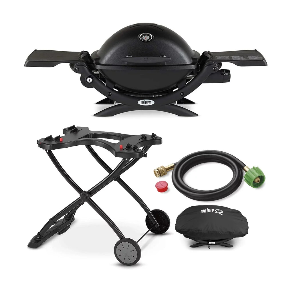 Q1200 (Black) Hose Liquid Weber Adapter Portable Propane with Bundle Cart, Grill