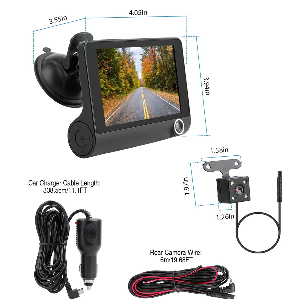 Imountek Dash Cam For Cars, 1296P Full Hd Dash Camera With 4Inch Lcd Display, 3 Channel Dash Cam With Night Vision, Driving Recorder
