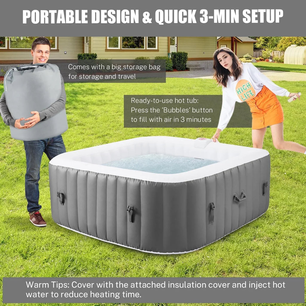 73''Inflatable Hot Tub, Outdoor Hot Tub For 6 Person Indoor Home Spa With Hidden Machine, 130 Massage Jets, Lockable Cover, Storage Bag, Mat, Max 104℉, 910L Capacity