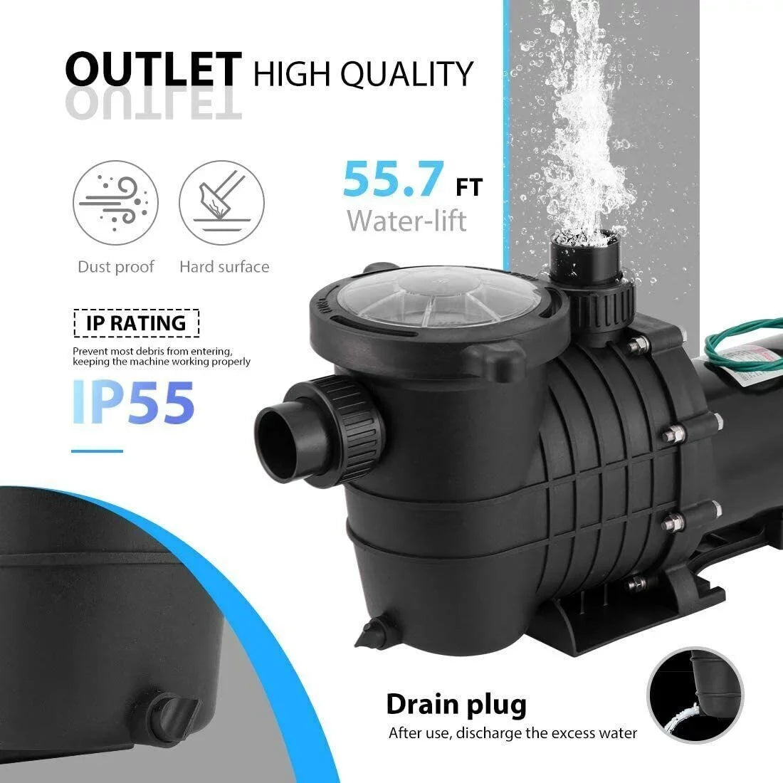 with Above Strainer 2.0hp Denest Pool Swimming and Inground/ Connectors Pump Ground Basket Hbp1500ⅱ 1500w