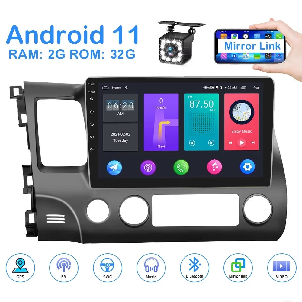 Rearview Android 2006-2011 USB,with 1080P HD LED 2+32G Car 10.1'' Honda Stereo Podofo MP5 11 Link 12 Civic Mirror Car Player for GPS inch 10 Camera FM WIFI Radio Bluetooth