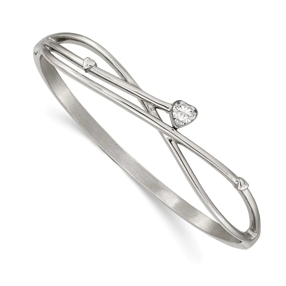 Stainless Polished Steel Primal Bangle CZ Hinged Steel Heart