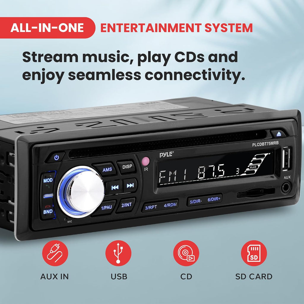 Pyle Marine Stereo Radio Receiver Speaker Kit - 200W Wireless Receiver and 150W Waterproof 6.5â Speakers, Hands-Free Talking, CD/MP3/USB/SD Player, AM/FM Radio, for Boat & Off-Road Vehicles