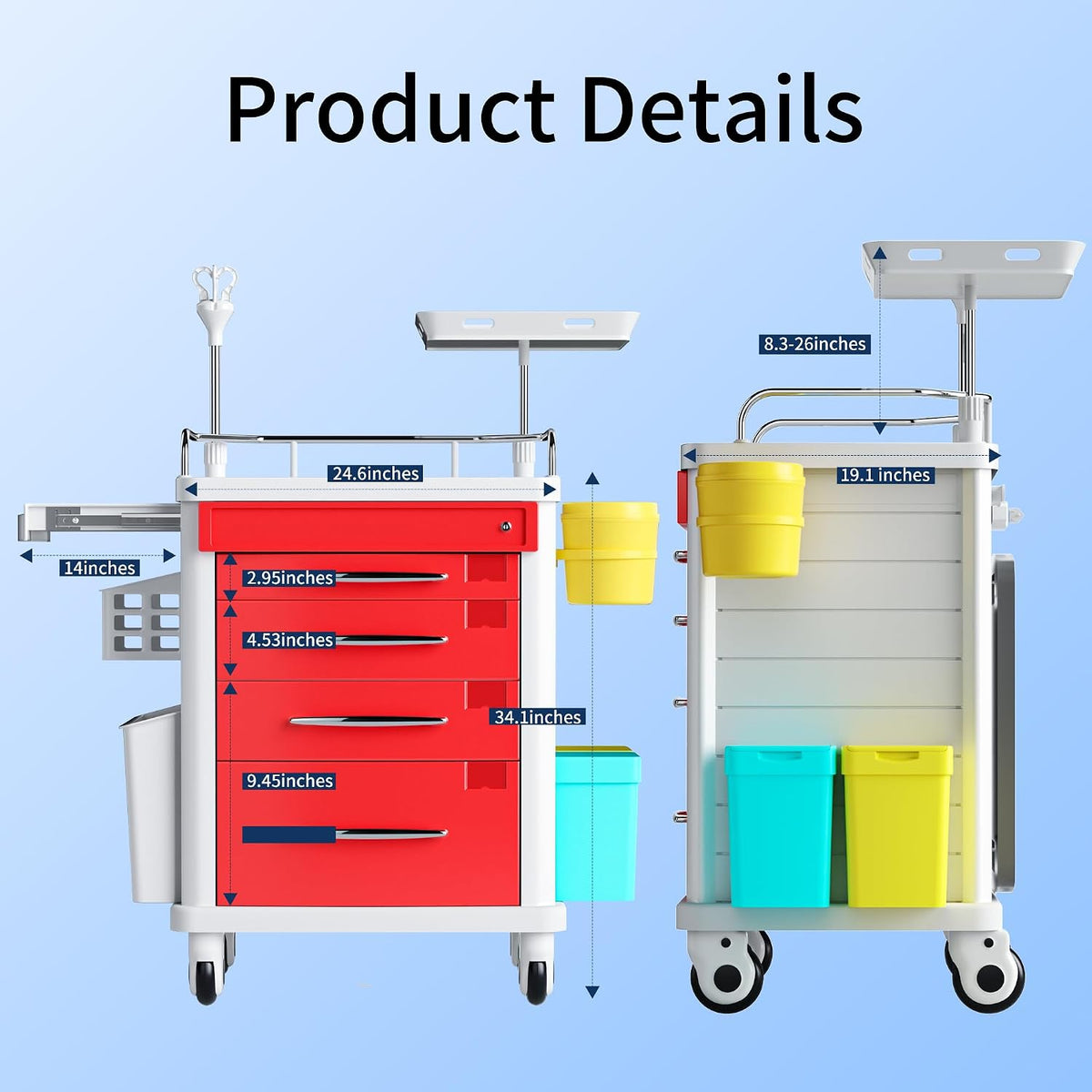 Medical Rolling Crash Cart, Mobile Medical Cart for Clinic, Hospital, Nursing Center with Integrated Medical Countertop -2 Trash Bin, Power Strip, Drawers with Dividers