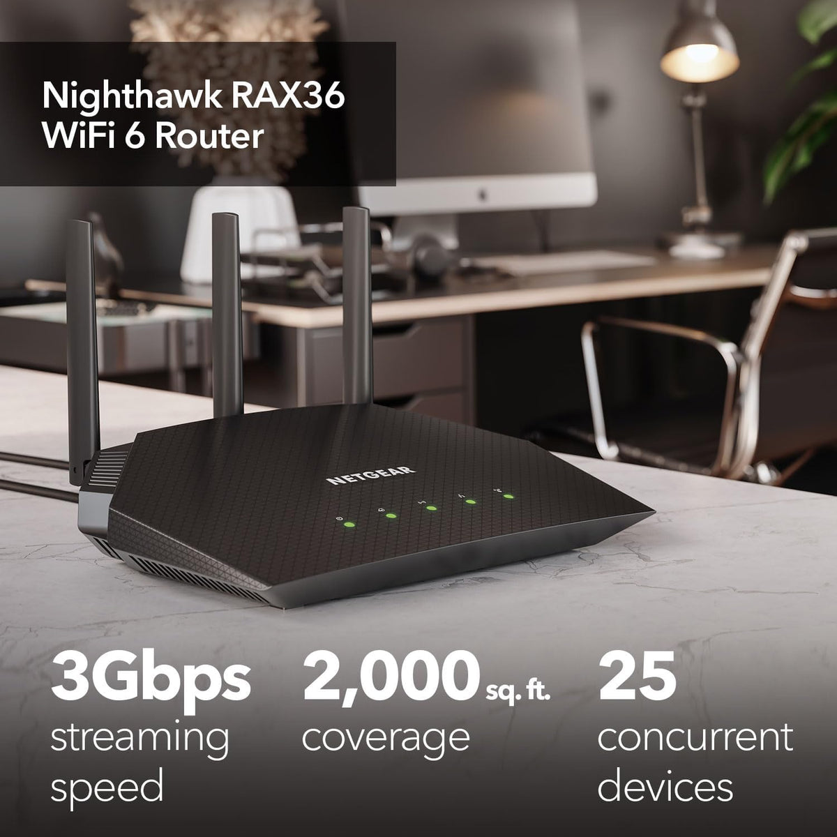 NETGEAR Nighthawk WiFi 6 Router (RAX36) â Router Only, AX3000 3 Gbps Wireless Speed â Dual-Band Gigabit Internet â Covers 2,000 sq. ft., 25 Devices â Built-in VPN, USB 3.0, Gaming