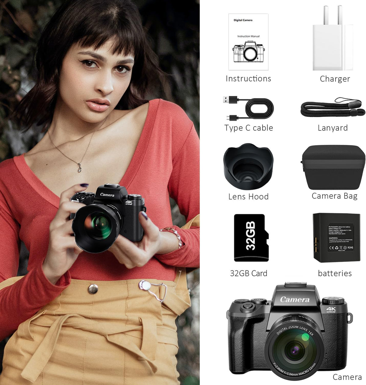 4K Digital Camera, 64MP WiFi Cameras for Photography with 4" Touchscreen