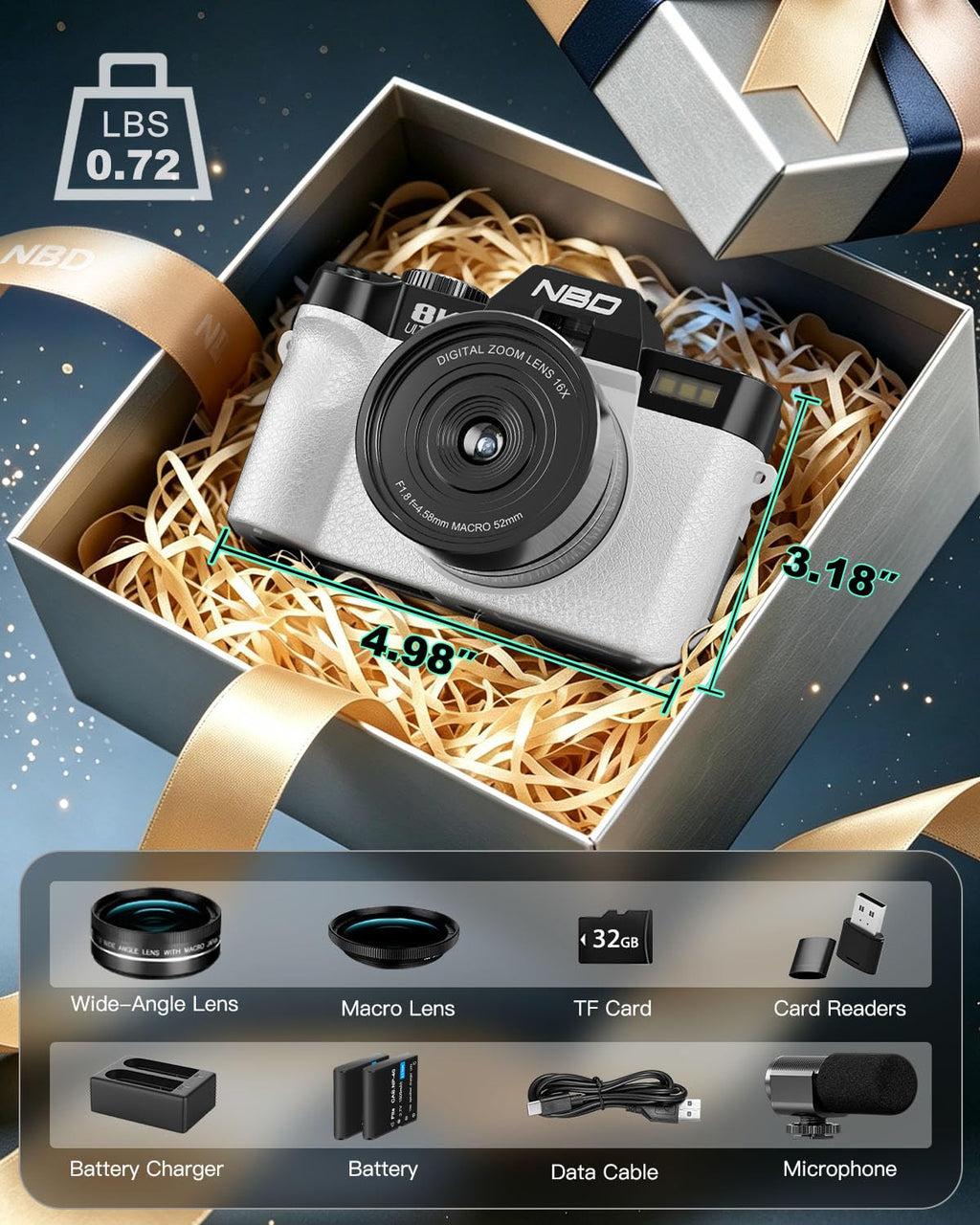 True 8K 64MP Digital Camera for Photography with Microphone(Black)