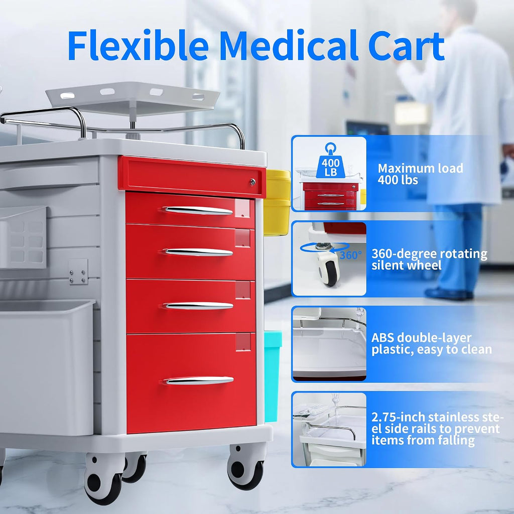 Medical Rolling Crash Cart, Mobile Medical Cart for Clinic, Hospital, Nursing Center with Integrated Medical Countertop -2 Trash Bin, Power Strip, Drawers with Dividers