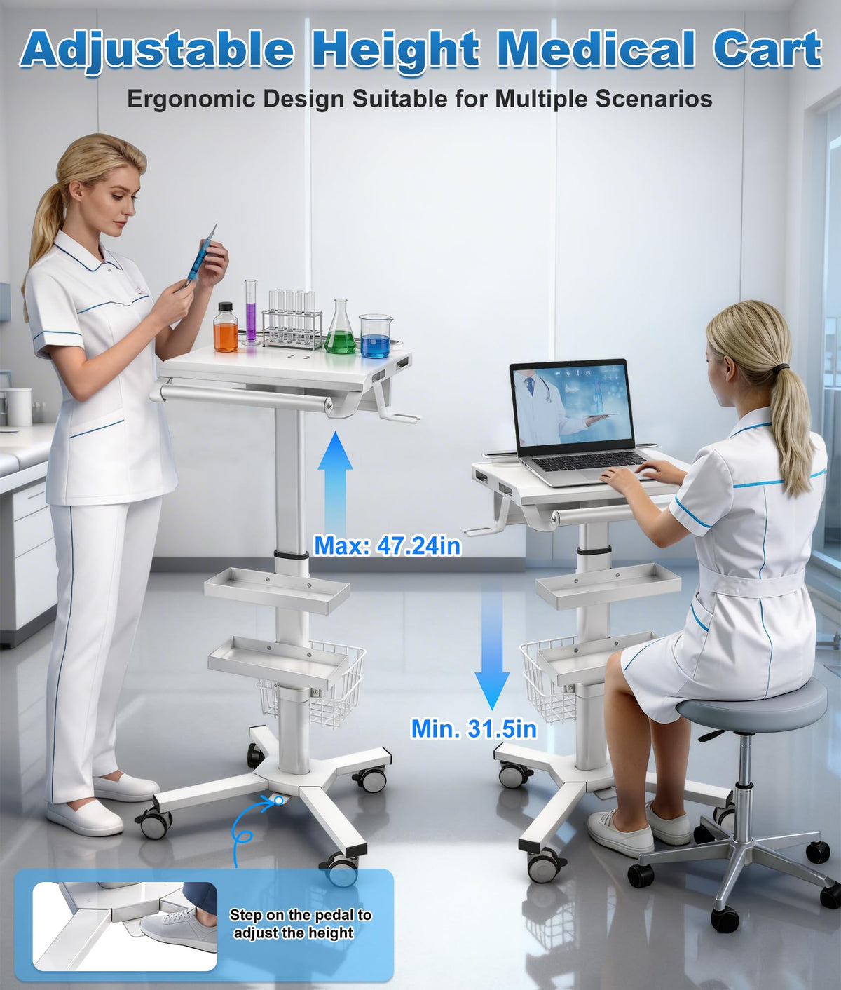 Medical Medical Rolling Crash Cart with CPR Board, IV Pole, Oâ Holder, 5 Drawers & Dividers, Mobile Emergency Cart for Hospital Clinic, 24.4" W x 18.5" D x 36.2" H (with 5 Drawers)